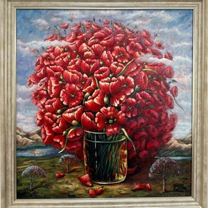 Ostapenko E., Bright impressionistic painting &quot;Fantasy World of Poppies&quot; original oil painting, Ukrainian artist, one of a kind, in frame