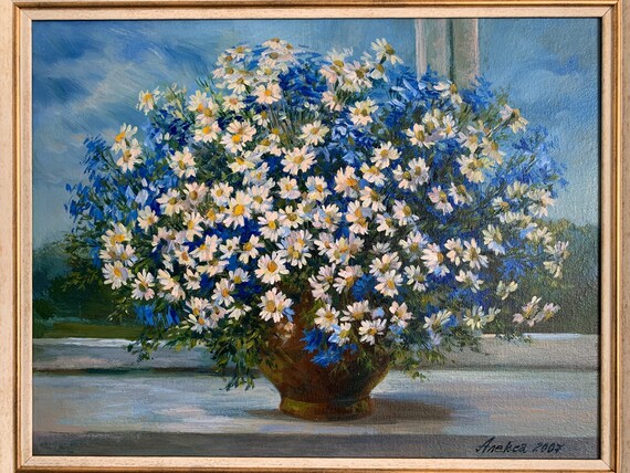 アレクサ、明るい印象派の絵画「ヒナギクのある花束」は、ウクライナの