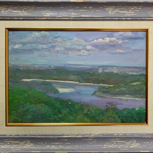 Kulagina A., Brillante pintura impresionista "Panorama del Dniéper", pintura al óleo original de época, artista ucraniano soviético, pieza única.