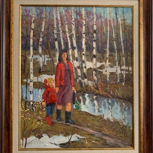 Brillante pintura al óleo impresionista "Paseo primaveral de madre e hija", pintura al óleo vintage original del artista ucraniano soviético, enmarcada