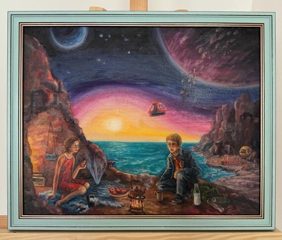 小さな油絵 作者のシュールレアリズム絵画「宇宙の朝食」オリジナルの油絵