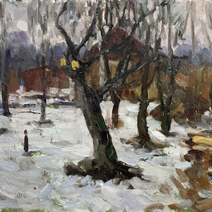 Ivan Puz, pintura a óleo impressionista brilhante "Inverno em Khutor perto de Mariupol" pintura a óleo vintage original artista moderno ucraniano soviético