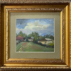 Pintura a óleo impressionista brilhante "Casas antigas" pintura a óleo vintage original Artista ucraniano soviético Crimeia - Andreev Alexander, em moldura