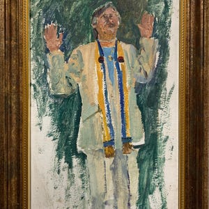 Gribok D., vívida pintura expresionista "Retrato de un hombre rezando", pintura al óleo original de época del artista ucraniano soviético, marco elegante