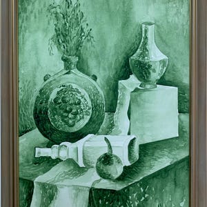 Dipinto espressionista luminoso "Natura morta verde estiva" acquerello originale artista sovietico ucraino, cornice elegante, pezzo unico