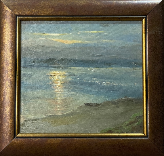 A bright picture of the Black Sea, "Dawn on the coast of Odessa", original vintage oil painting by Ukrainian Soviet artist - Zhurakovsky V.