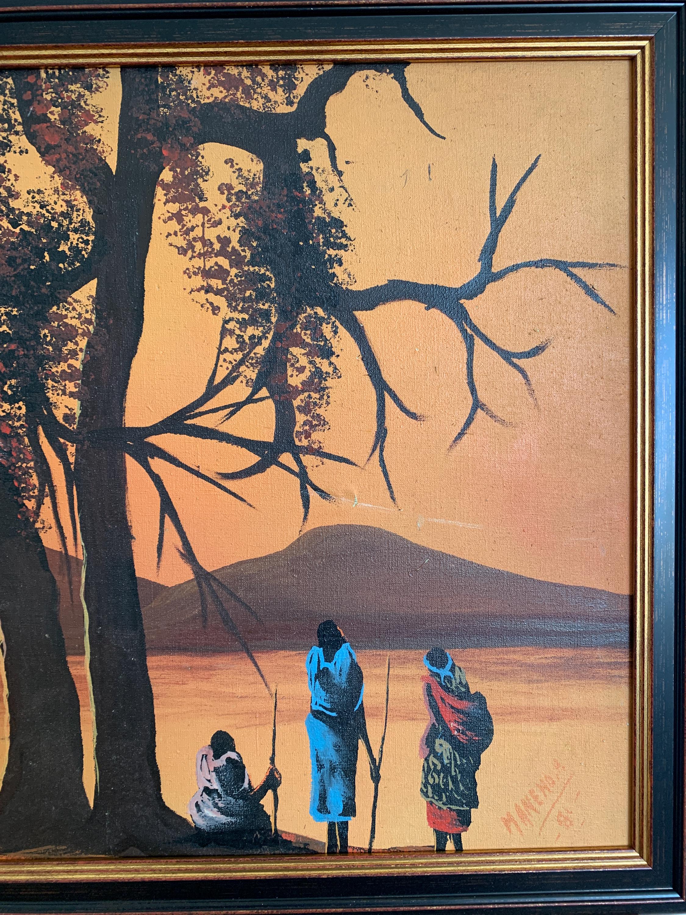 ヴィンテージ風アフリカの夕日油絵、厚塗り技法、額装キャンバス（86 x