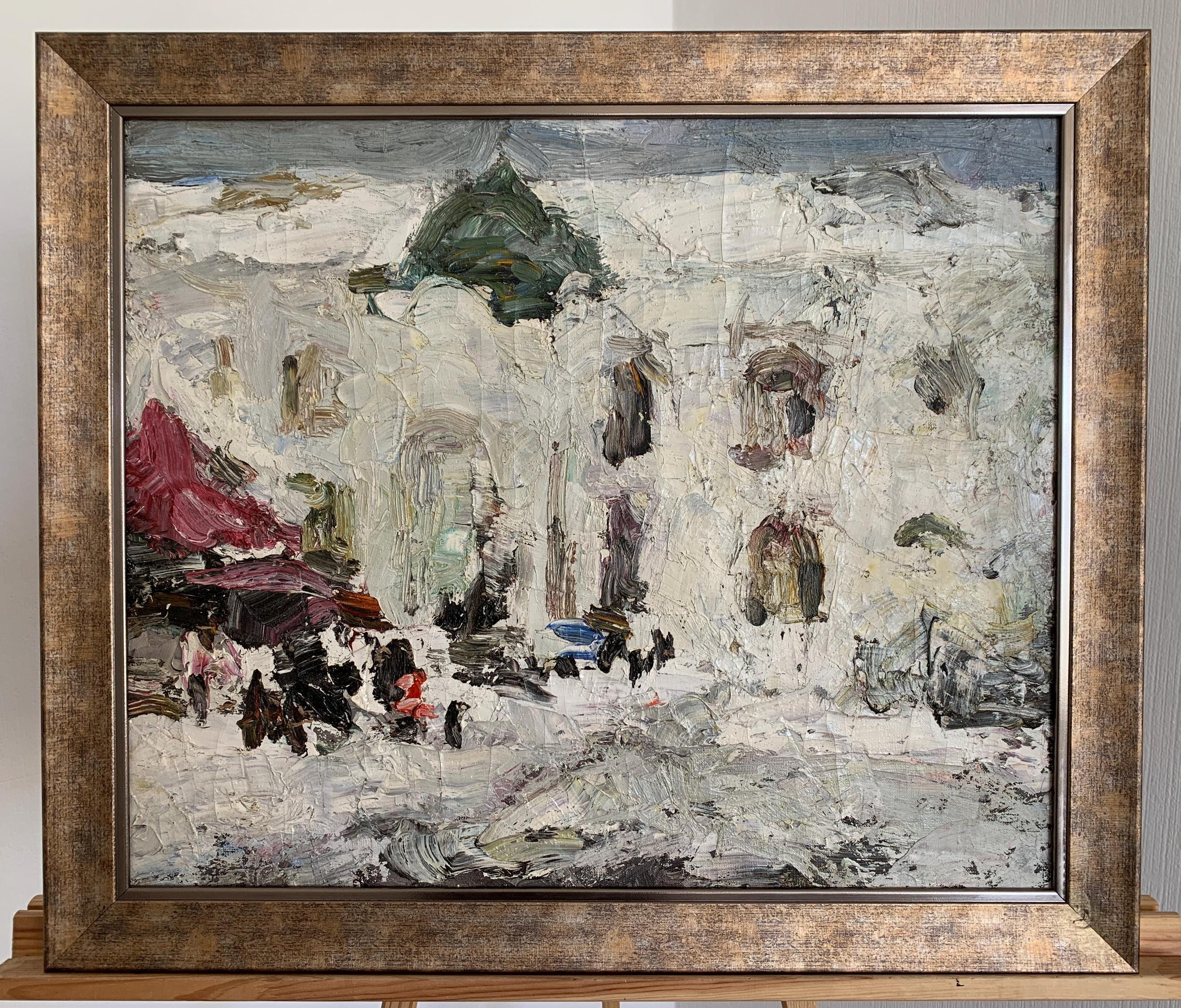 パンコヴィック、明るい表現主義の油絵「冬の街」オリジナルの