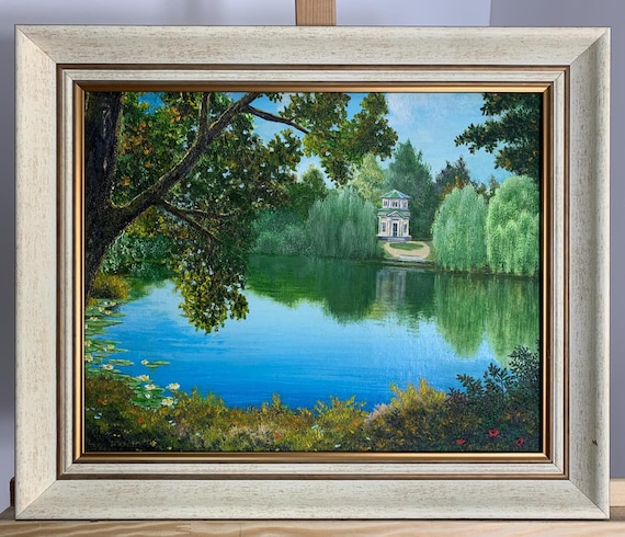 明るい印象派の絵画「湖畔の伯爵の夏の家」オリジナルのヴィンテージ