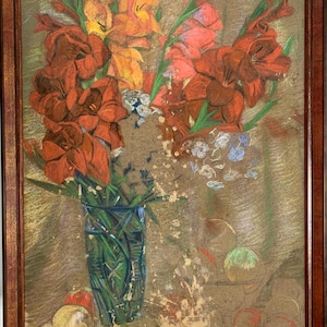 Brillante pintura al pastel expresionista "Bodegón con flores y manzanas", pintura vintage original del artista soviético ucraniano Gribok Dmitry