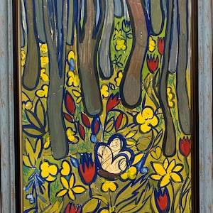 Loboda V, dipinto espressionista luminoso "Colore della foresta magica", dipinto a guazzo originale d'epoca dell'artista sovietico ucraino, pezzo unico
