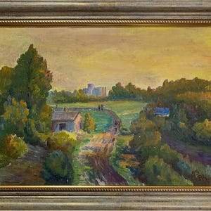 Rogutsky, Pintura a óleo impressionista brilhante "Estrada para as dachas" pintura a óleo vintage original, Artista ucraniano soviético, Vida rural