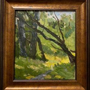 Pintura al óleo expresionista brillante "Camino del bosque", pintura al óleo vintage original del artista soviético ucraniano, en un marco elegante, única en su tipo