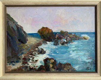 海をテーマにした明るい絵画「石」、ソビエトウクライナの芸術家