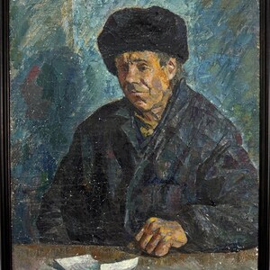 Kostur L., pintura al óleo de estilo expresionista vívido "Carta desde casa. Campamentos siberianos", pintura al óleo original de época del artista ucraniano soviético