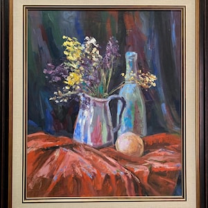 Zavadskaya E, pintura expresionista vívida "Naturaleza muerta con una botella", pintura al óleo vintage original del artista ucraniano soviético, única en su tipo