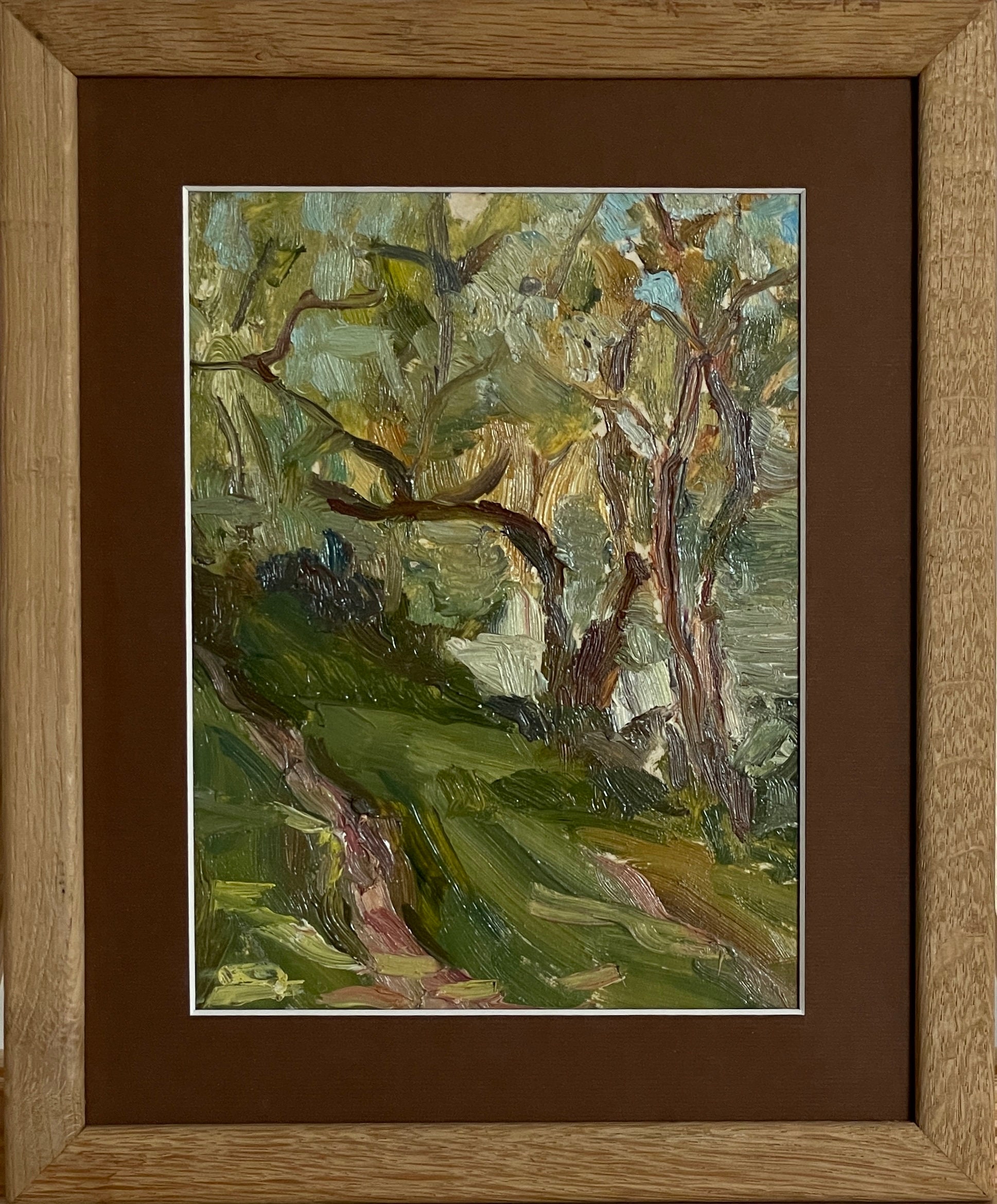 明るい印象派の絵画「山道」オリジナルのビンテージ厚塗り油絵