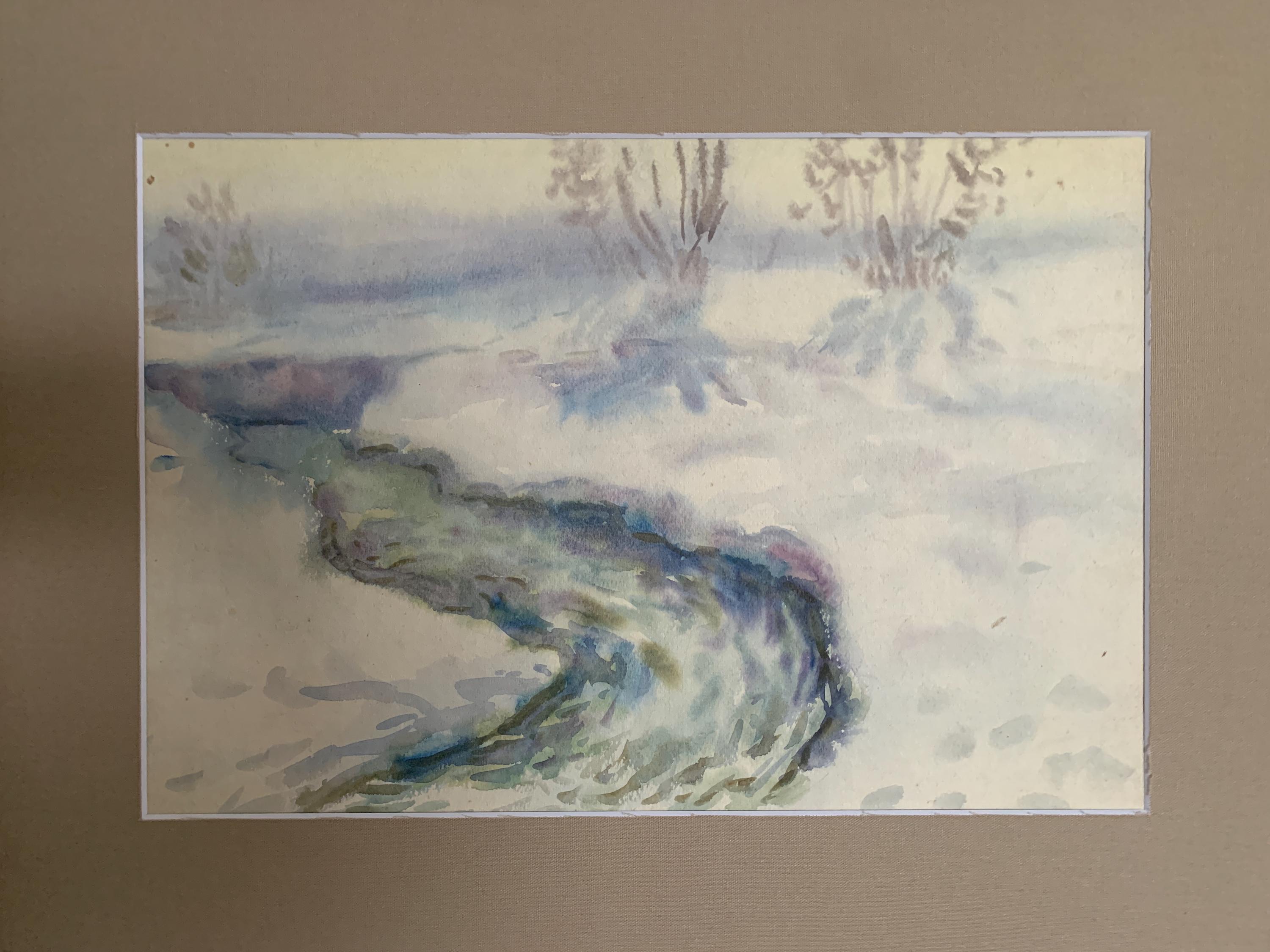 ヴィンテージのウクライナ水彩画「春の小川」、額装済み表現主義アート