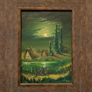 Shapovalov V., Pintura expresionista brillante "Noche de cuento de hadas en el pueblo", pintura al óleo vintage original del artista ucraniano, única en su tipo