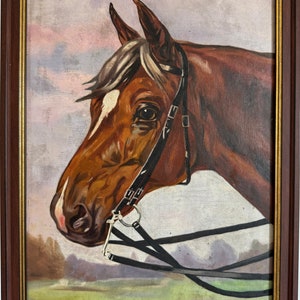 Petrik, Bright impressionist oil painting &quot;The penetrating gaze of a Horse&quot;, original vintage painting by a Czech Ukrainian artist in frame