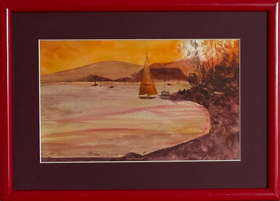 額装された帆船と夕日の水彩画 – ウクライナ人画家、2000年代 - Etsy 日本