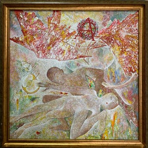 Pintura expressionista brilhante "Criação da Vida e do Conhecimento" pintura a óleo original artista ucraniano soviético, moldura de madeira, única
