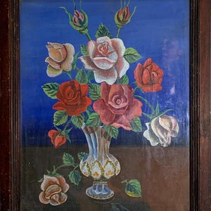 Pintura al óleo impresionista antigua del autor "Ramo de rosas domésticas", pintura al óleo vintage original, única en su tipo, en un marco de madera nativo.