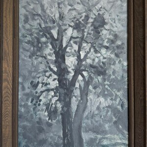Pintura a óleo brilhante no impressionismo "Árvore cinza", pintura a óleo vintage original de um artista ucraniano soviético, em moldura