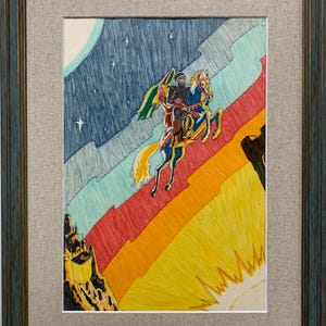 Pintura expressiva vívida "Salvando a Princesa" original vintage caneta hidrográfica pintura artista ucraniano soviético, único, moldura elegante
