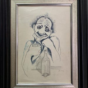 Bright impressionism painting "Happy Drunkard" original vintage ink painting Soviet Ukrainian artist, in stylish frame, one of a kind