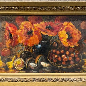 Spitsevich, peinture expressionniste « Coquelicots, fraises et champignons », peinture vintage originale, artiste ukrainienne soviétique, unique en son genre
