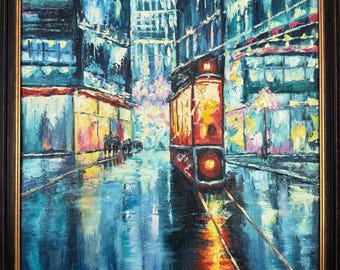 オスタペンコ E.、印象派の油絵「ネオンシティ」オリジナルの油絵