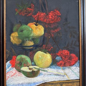 Pintura pastel expressionista brilhante "Natureza morta com frutas e maçãs de sorveira"pintura vintage original do artista ucraniano soviético - Gribok D.