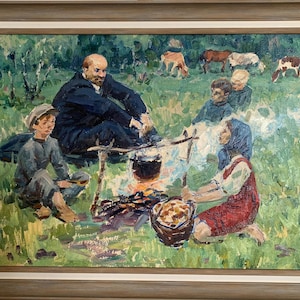 Aleksandrochkin, pintura al óleo de expresionismo brillante "En el verano junto al fuego", pintura al óleo vintage original del artista ucraniano soviético, marco
