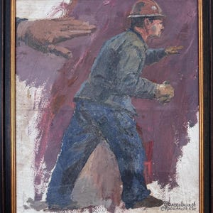 Alexey Solodovnikov, pintura al óleo de impresionismo brillante "Retrato del constructor en movimiento", pintura vintage original del artista ucraniano soviético