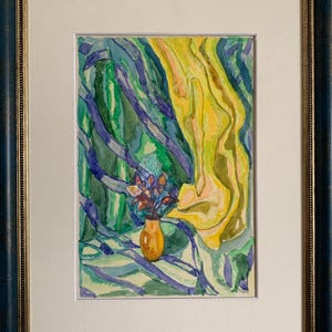 Zinaida Gaiduk, pintura cubista vívida "Ramo de hermosas flores secas", pintura de acuarela vintage original del artista ucraniano