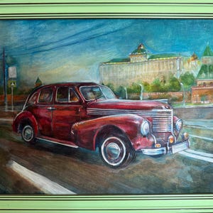Luminoso stile di pittura ad acquerello dell'impressionismo "Retro car Pobeda" dipinto originale vintage, artista sovietico ucraino di Odessa, incorniciato