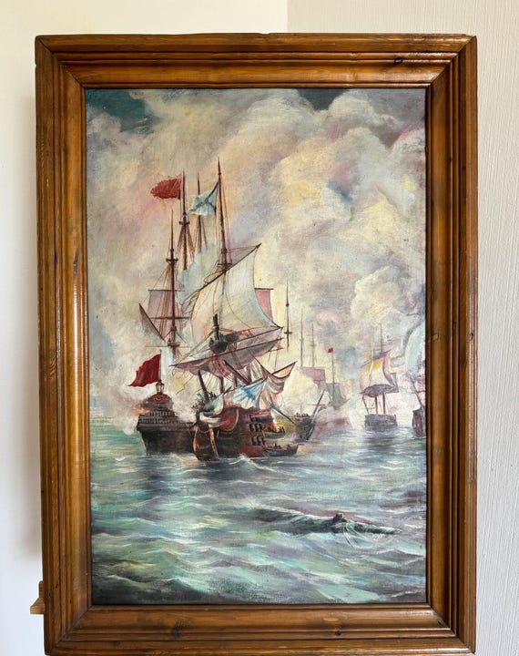 船の油絵 鮮やかな印象派の油絵「ガレオン船の海戦」ソビエトウクライナの