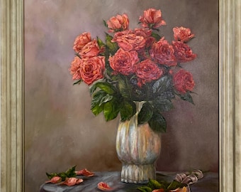 Red Roses Oil Painting, Vintage Impressionism Floral Art by Yudina Natalya