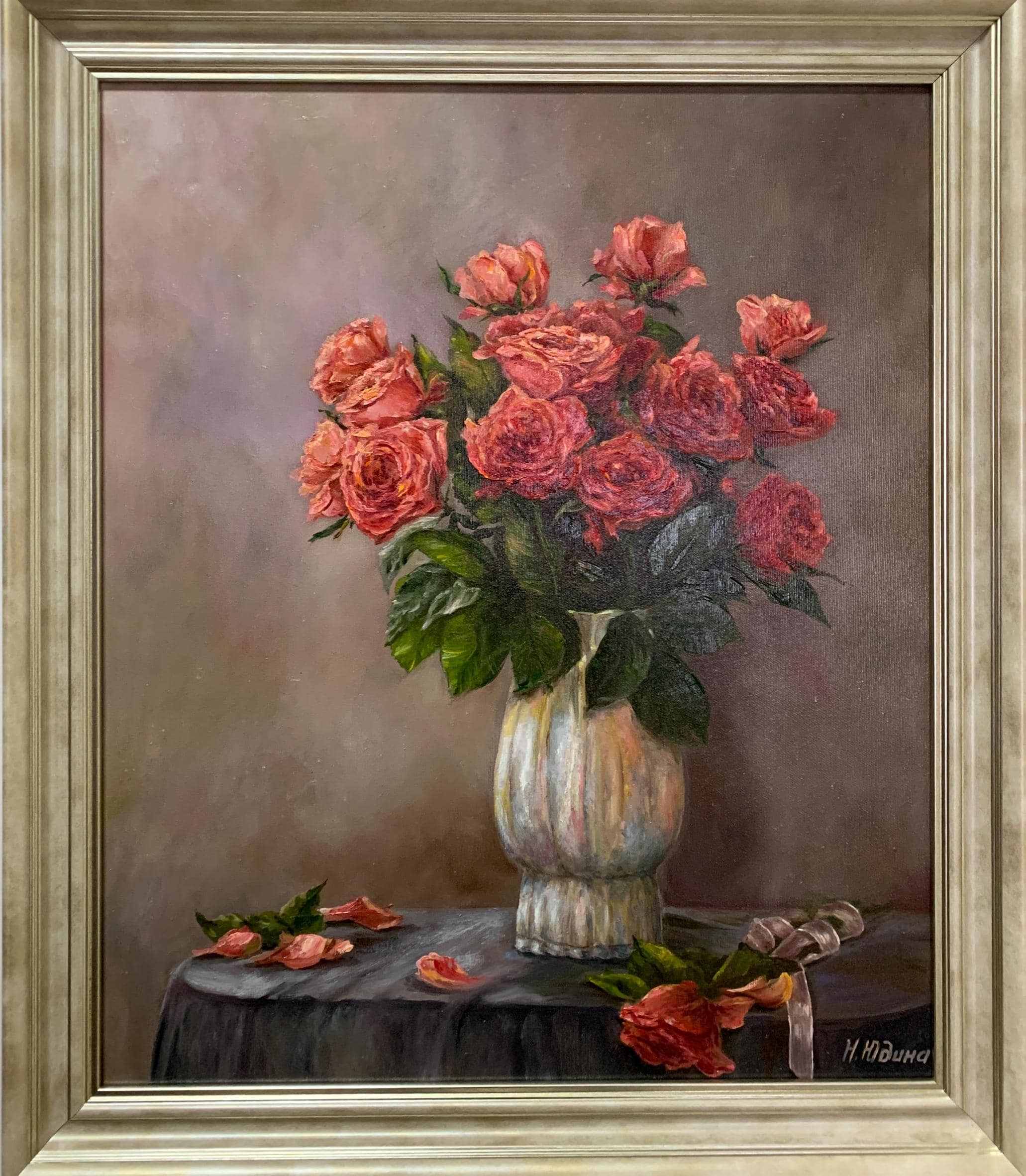 Red Roses Oil Painting, Vintage Impressionism Floral Art by Yudina