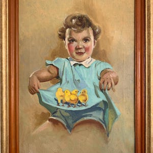 Bright expressionist oil painting "My little yellow children" original vintage oil painting Soviet Ukrainian artist, in wooden frame