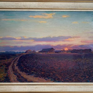 Bela pintura expressionista a óleo "Pôr do sol na fazenda. Putivl", pintura a óleo vintage original do artista ucraniano soviético - Nikolai Chaly