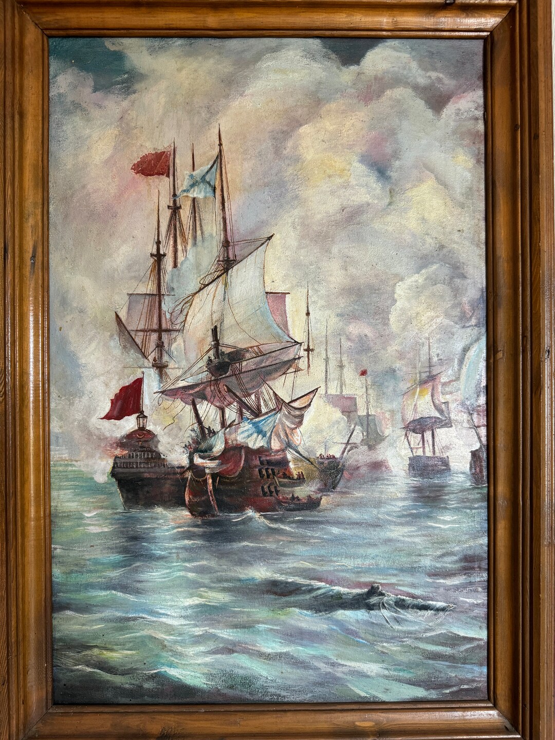 油絵　船 鮮やかな印象派の油絵「ガレオン船の海戦」ソビエトウクライナの