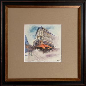 Dipinto ad acquerello espressionista luminoso "Vedute di Odessa", dipinto originale d'epoca, artista ucraino sovietico, in cornice con passe-partout