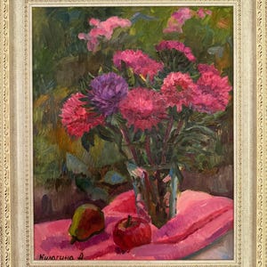 Anna Kulagina, brillante pintura impresionista "Ramo de crisantemos", pintura al óleo vintage original de artista ucraniano soviético, única en su tipo.