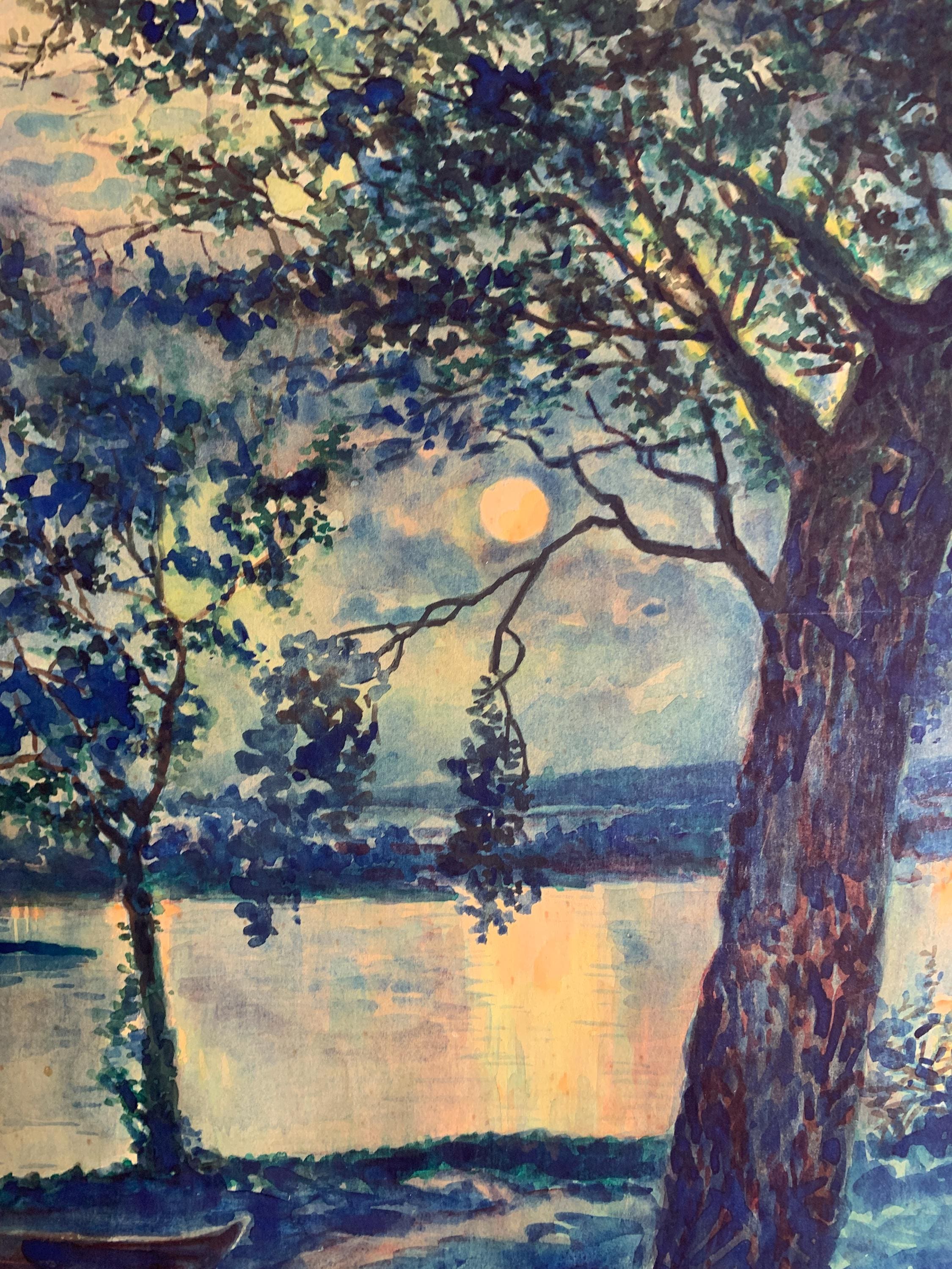 シュルガ V.、明るい印象派の絵画「夏の夜」、ソビエトウクライナの