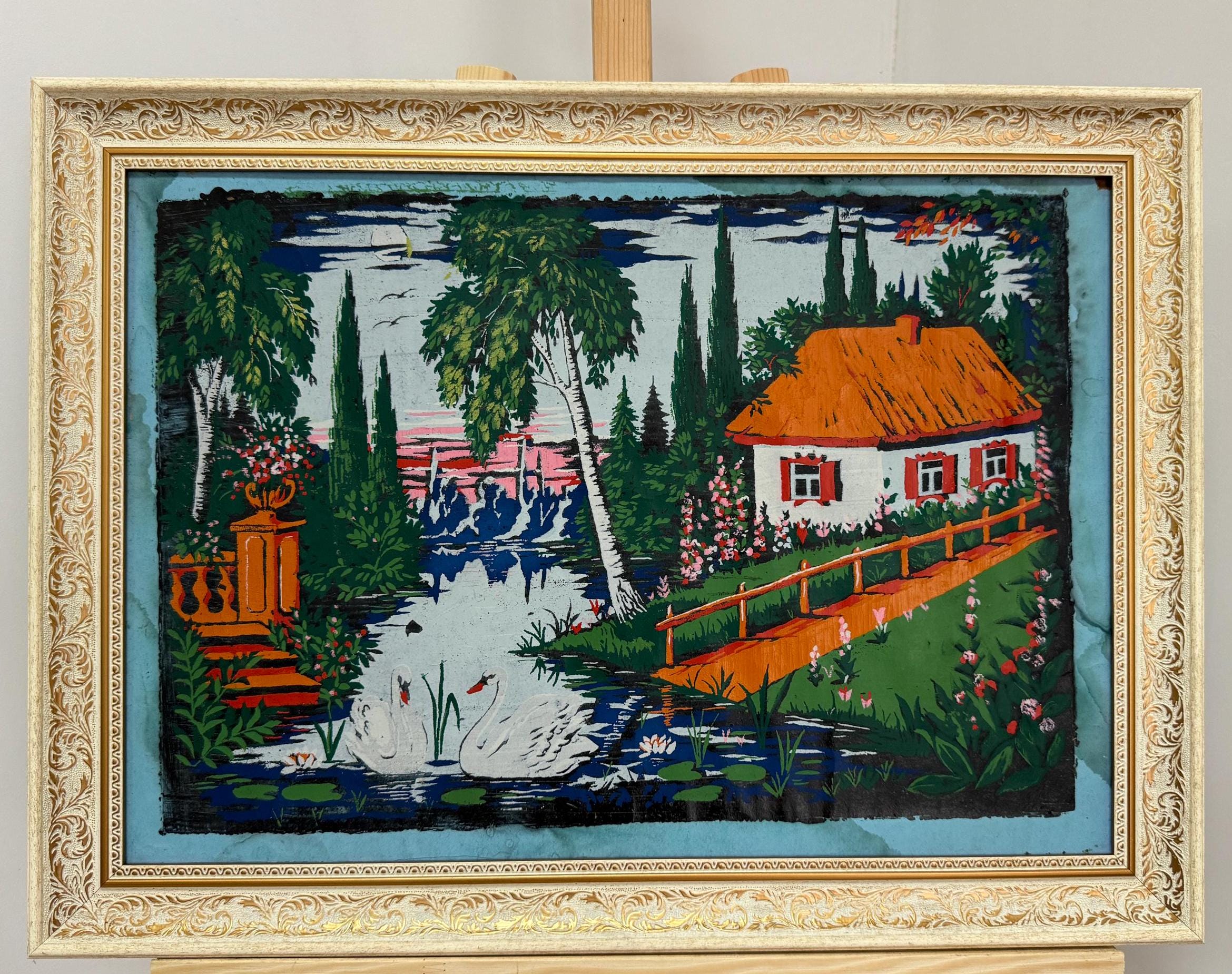 ソビエト・ウクライナの原始主義絵画、「古風な田園風景」、キャンバス