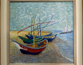 Mishchenko, Vivid expressionist painting "Fishing boats" original vintage oil painting by Ukrainian artist, one of a kind, in stylish frame