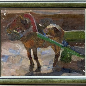 "Helle Impressionismus Ölgemälde ""Pferd mit Wagen"" original Vintage Ölgemälde sowjetisch-ukrainischen Künstlers, gerahmte Leinwand."