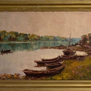 Bright painting in the impressionism style “Quiet summer day on the River” original vintage painting by Ukrainian Zaporozhye artist, framed